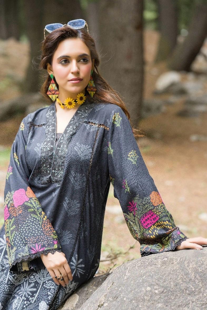 Premium Digital Printed Linen Suit (3.25 Meters) – Charcoal Black with Vibrant Botanical Print