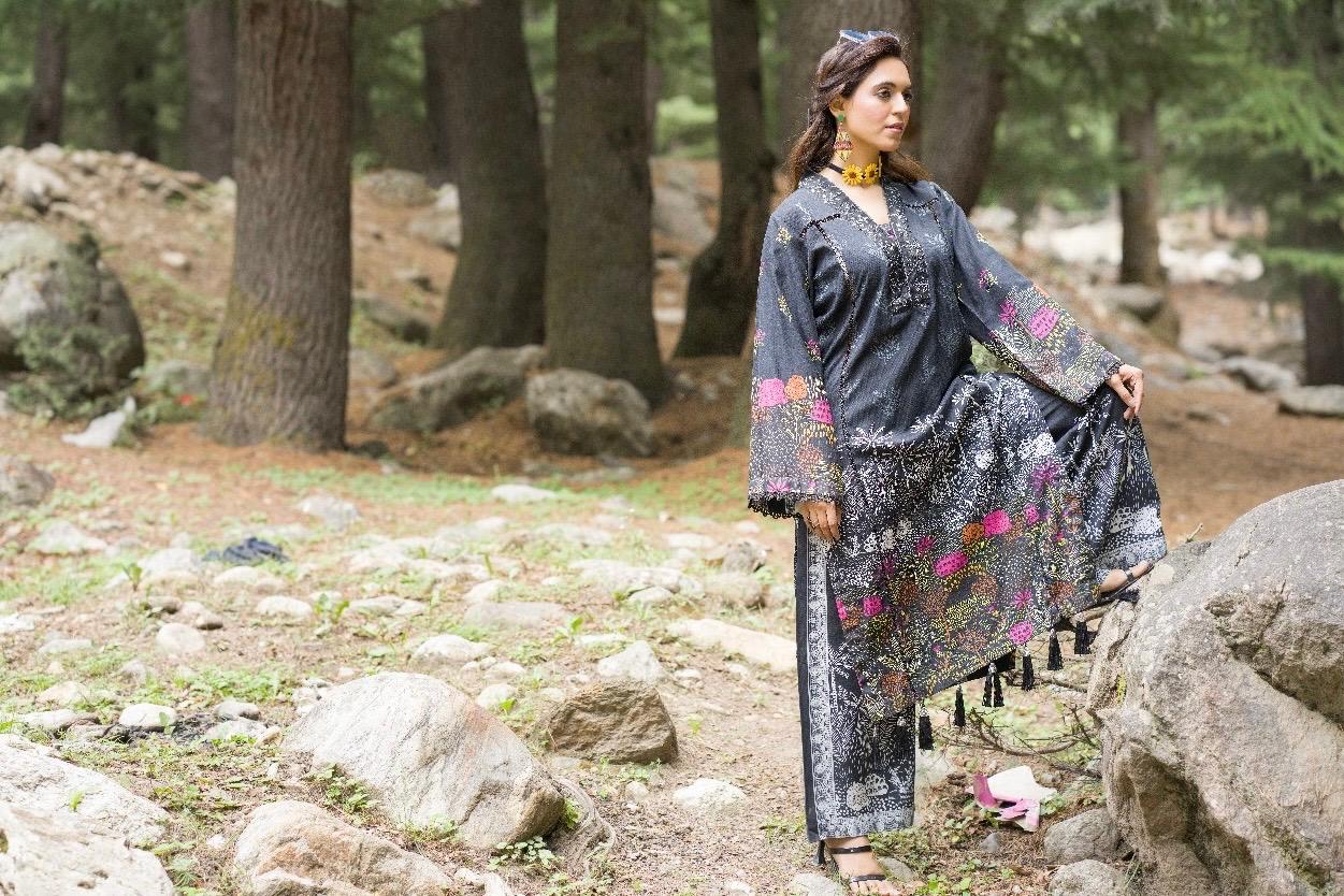 Premium Digital Printed Linen Suit (3.25 Meters) – Charcoal Black with Vibrant Botanical Print