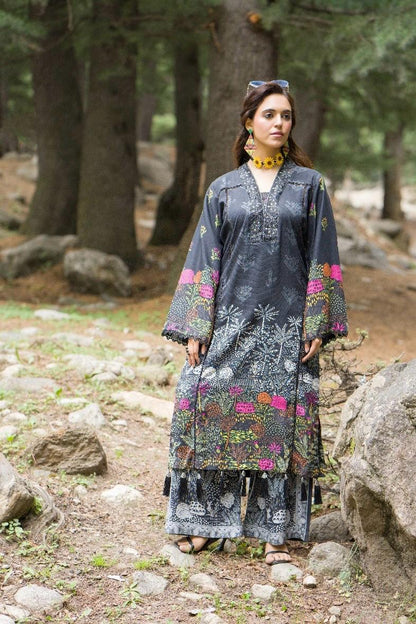 Premium Digital Printed Linen Suit (3.25 Meters) – Charcoal Black with Vibrant Botanical Print