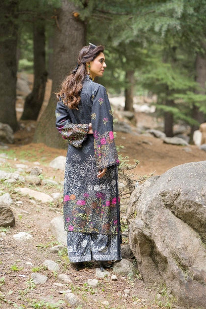 Premium Digital Printed Linen Suit (3.25 Meters) – Charcoal Black with Vibrant Botanical Print