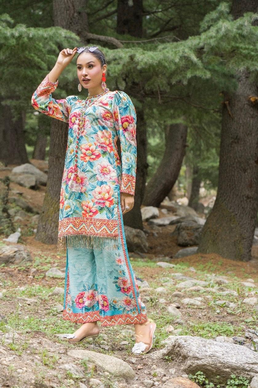 Premium Digital Printed Linen Suit (3.25 Meters) – Aqua Blue with Bold Floral Fantasy