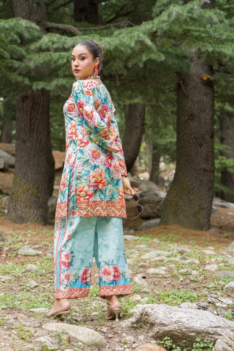 Premium Digital Printed Linen Suit (3.25 Meters) – Aqua Blue with Bold Floral Fantasy