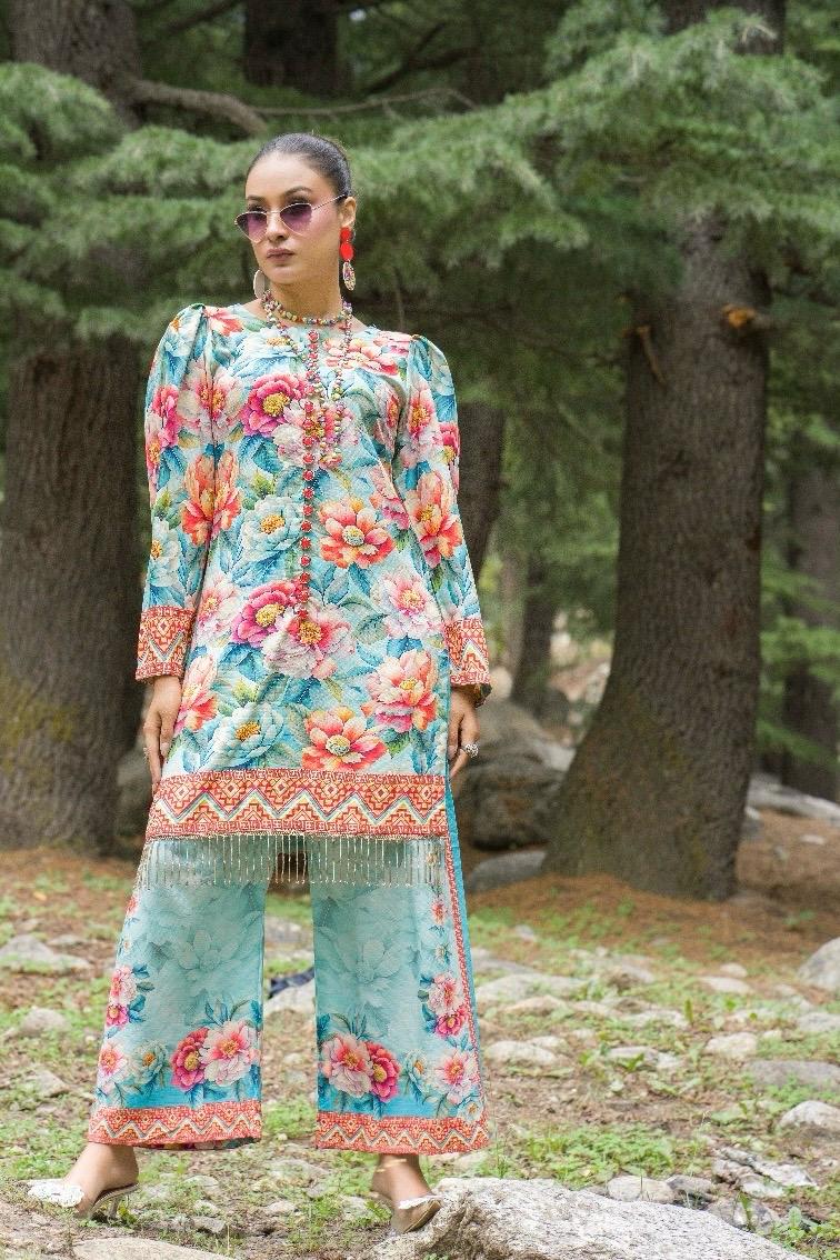 Premium Digital Printed Linen Suit (3.25 Meters) – Aqua Blue with Bold Floral Fantasy