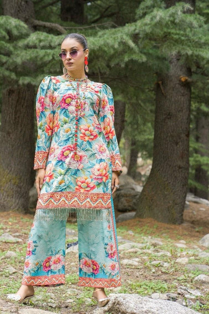 Premium Digital Printed Linen Suit (3.25 Meters) – Aqua Blue with Bold Floral Fantasy