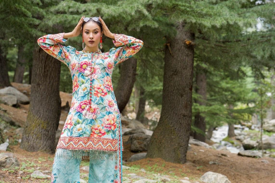 Premium Digital Printed Linen Suit (3.25 Meters) – Aqua Blue with Bold Floral Fantasy