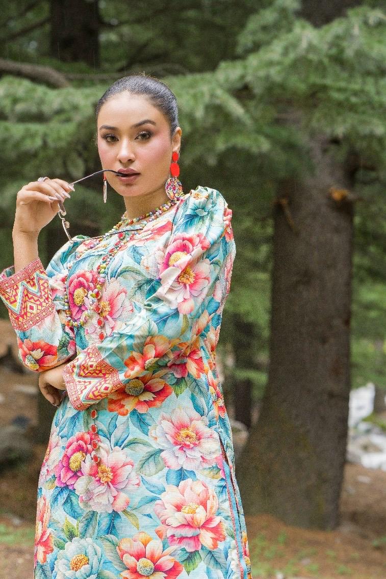 Premium Digital Printed Linen Suit (3.25 Meters) – Aqua Blue with Bold Floral Fantasy