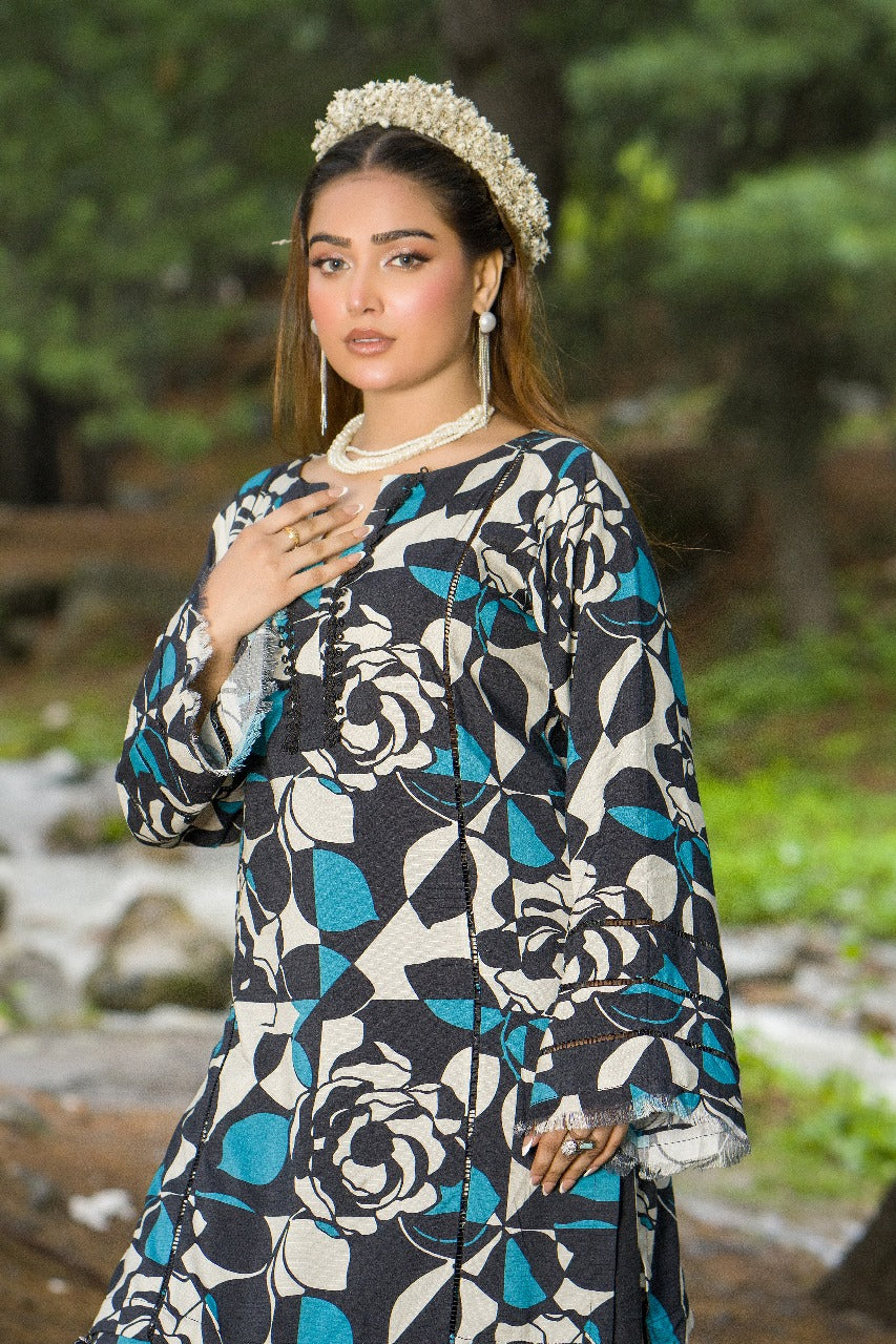 Premium Digital Printed Linen Suit (3.25 Meters) – Black & Teal with Bold Rose Abstract