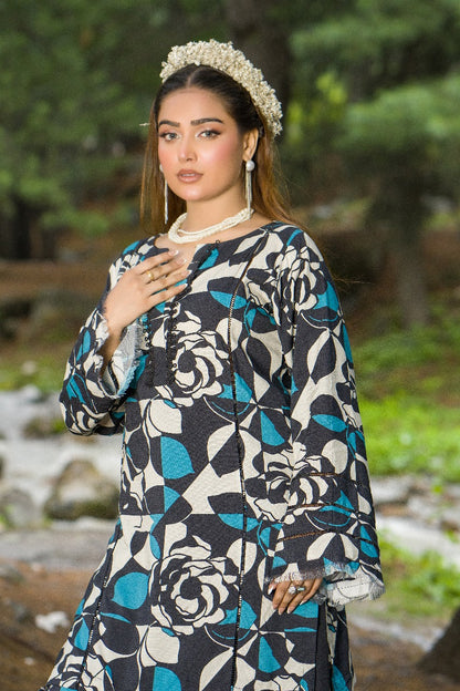 Premium Digital Printed Linen Suit (3.25 Meters) – Black & Teal with Bold Rose Abstract