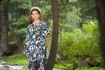 Premium Digital Printed Linen Suit (3.25 Meters) – Black & Teal with Bold Rose Abstract