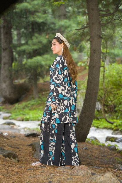 Premium Digital Printed Linen Suit (3.25 Meters) – Black & Teal with Bold Rose Abstract
