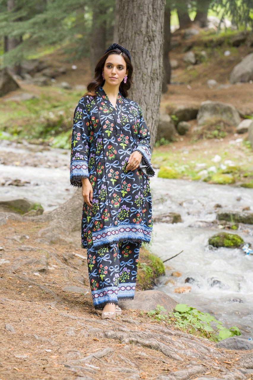 Premium Digital Printed Linen Suit (3.25 Meters) – Midnight Black with Multicolor Floral & Ribbon Motif