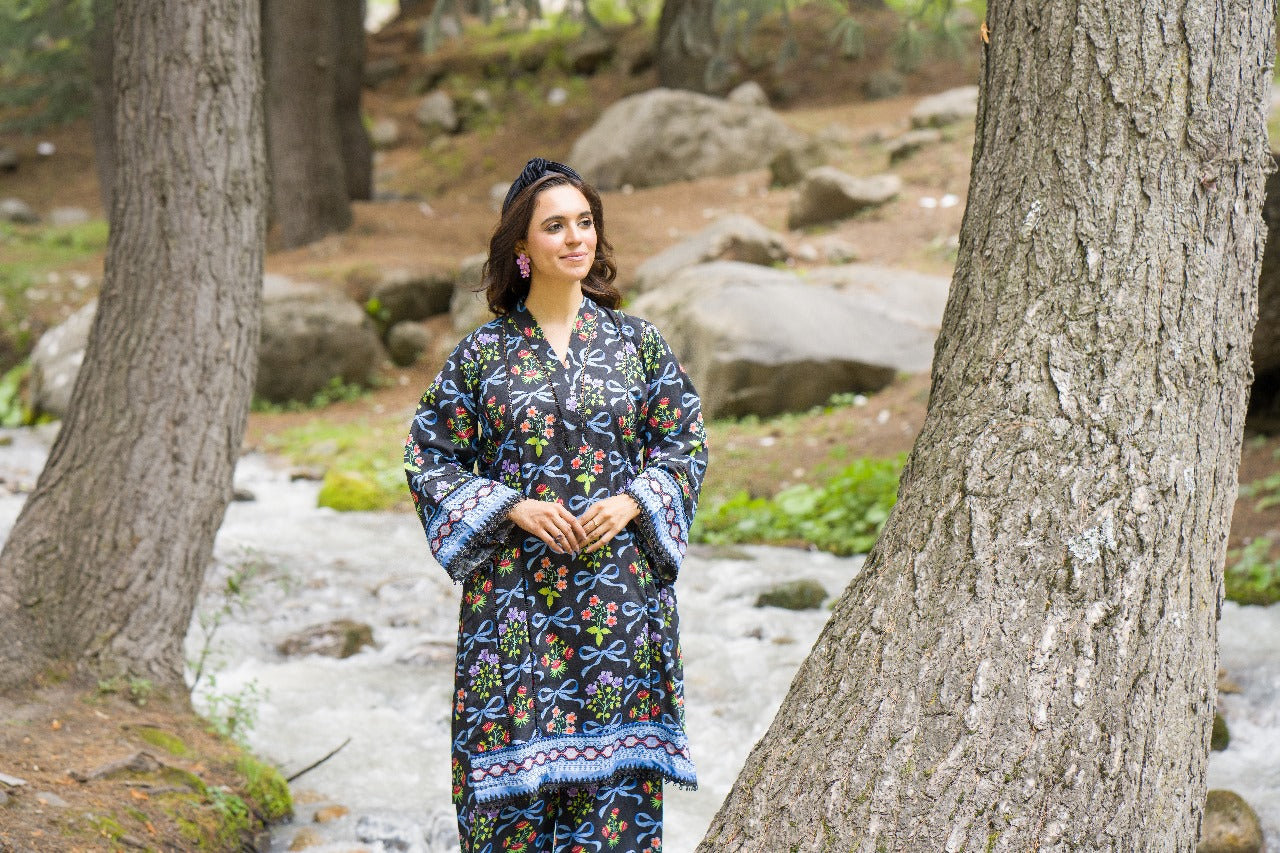 Premium Digital Printed Linen Suit (3.25 Meters) – Midnight Black with Multicolor Floral & Ribbon Motif