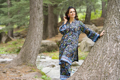 Premium Digital Printed Linen Suit (3.25 Meters) – Midnight Black with Multicolor Floral & Ribbon Motif