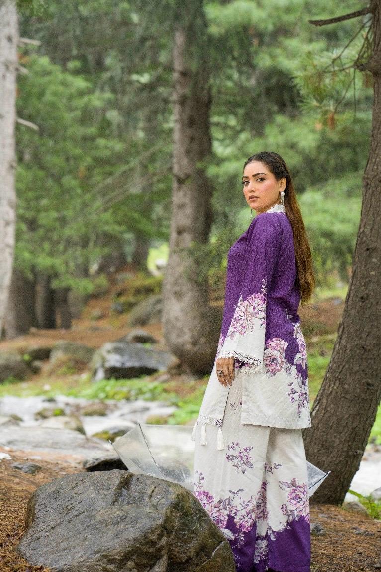Premium Digital Printed Linen Suit (3.25 Meters) – Purple & White with Delicate Floral Grace