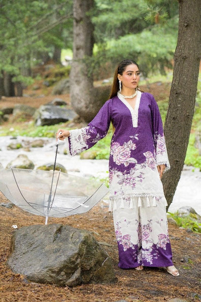 Premium Digital Printed Linen Suit (3.25 Meters) – Purple & White with Delicate Floral Grace
