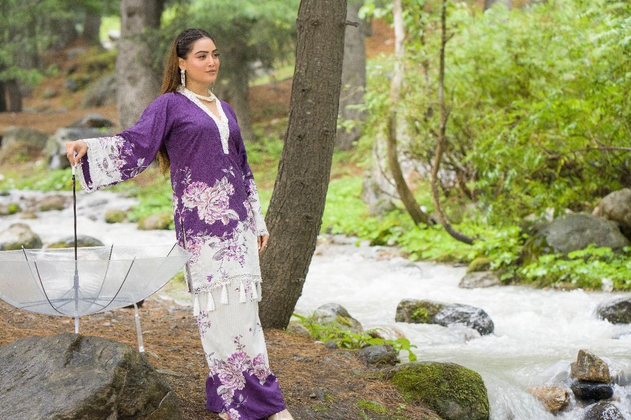 Premium Digital Printed Linen Suit (3.25 Meters) – Purple & White with Delicate Floral Grace