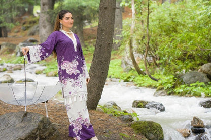Premium Digital Printed Linen Suit (3.25 Meters) – Purple & White with Delicate Floral Grace