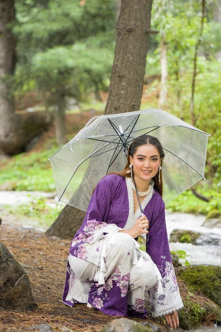 Premium Digital Printed Linen Suit (3.25 Meters) – Purple & White with Delicate Floral Grace